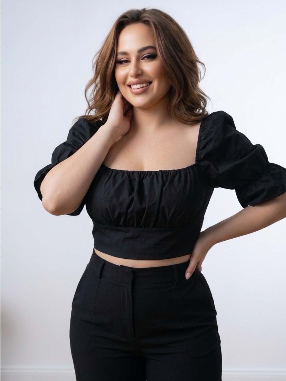 SHEIN Black Square-Neck Puff Sleeve Crop Top